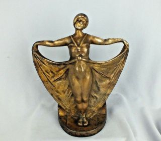 Antique Deco Girl Doorstop In Rare Solid Bronze Or Brass W Old Surface