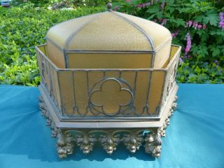 Antique Bronze Brass And Leaded Glass Gothic Style Hanging Lamp Shade Chandelier