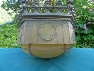 Antique Bronze Brass and Leaded Glass Gothic Style Hanging Lamp Shade Chandelier 2