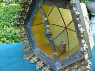 Antique Bronze Brass and Leaded Glass Gothic Style Hanging Lamp Shade Chandelier 7