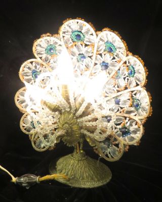 Antique Vintage Czech glass gilt Bronze Peacock Lamp beaded Bodouir brass bird 10
