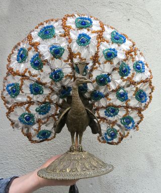 Antique Vintage Czech glass gilt Bronze Peacock Lamp beaded Bodouir brass bird 2
