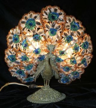 Antique Vintage Czech glass gilt Bronze Peacock Lamp beaded Bodouir brass bird 3