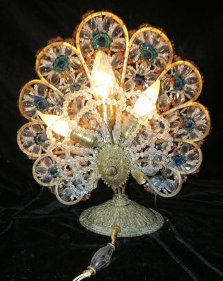 Antique Vintage Czech glass gilt Bronze Peacock Lamp beaded Bodouir brass bird 4