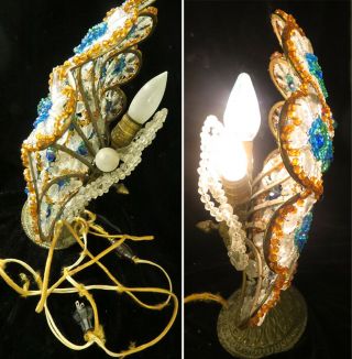Antique Vintage Czech glass gilt Bronze Peacock Lamp beaded Bodouir brass bird 6
