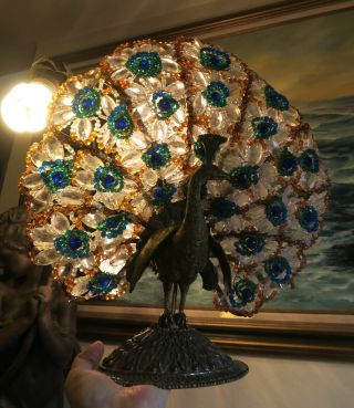 Antique Vintage Czech glass gilt Bronze Peacock Lamp beaded Bodouir brass bird 7