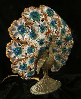 Antique Vintage Czech glass gilt Bronze Peacock Lamp beaded Bodouir brass bird 9