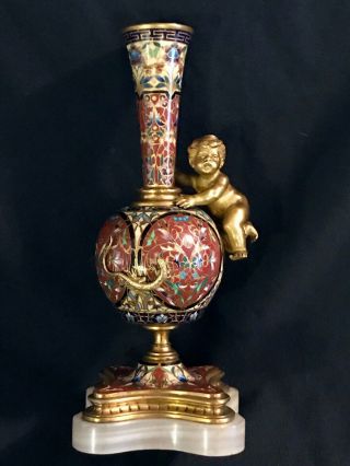 Antique French Bronze Vase Champleve Enamel Applied Bronze Cupid & Lizard