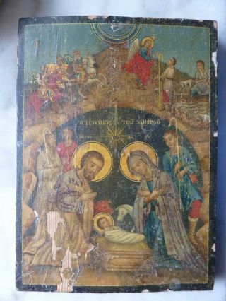 Antique Greek Icon Of The Nativity 17th - 18th Century On Panel