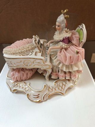 Vintage Dresden Lovely Lady Playing Grand Piano Porcelain Lace Figurine