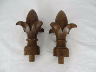 8 " Antique Pair French Large Carved Finial Oak Wood Lily Flower
