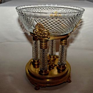 C.  1880 - 95 France Antique Brass Centerpiece Crystal Glass Bowl On Four Columns
