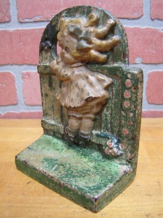 Antique HUBLEY GIRL on FENCE Cast Iron Bookend Doorstop GGD GRACE G DRAYTON 10