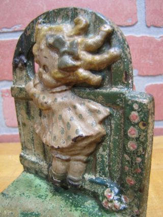 Antique HUBLEY GIRL on FENCE Cast Iron Bookend Doorstop GGD GRACE G DRAYTON 12