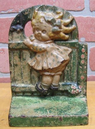 Antique HUBLEY GIRL on FENCE Cast Iron Bookend Doorstop GGD GRACE G DRAYTON 2