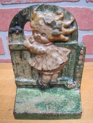 Antique HUBLEY GIRL on FENCE Cast Iron Bookend Doorstop GGD GRACE G DRAYTON 3