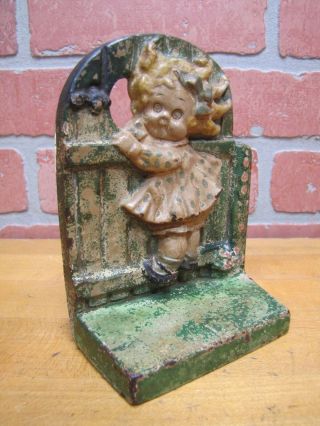 Antique HUBLEY GIRL on FENCE Cast Iron Bookend Doorstop GGD GRACE G DRAYTON 4