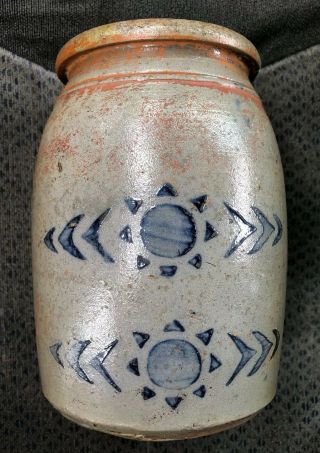 Great Little Wv Blue Stenciled Stoneware Crock Canner Sunburst Zipper 6 1/2