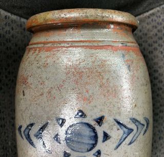 Great Little WV Blue Stenciled Stoneware Crock Canner Sunburst Zipper 6 1/2 3