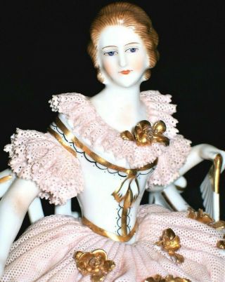 Antique German Dresden Lace Muller Art Deco Lady On Settee Porcelain Figurine