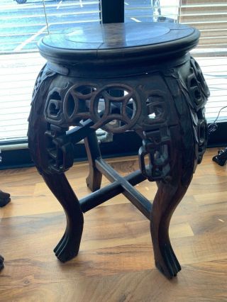 Carved Asian Table In Wood And Marble Top Abstract Theme 18 1/2 " Tall
