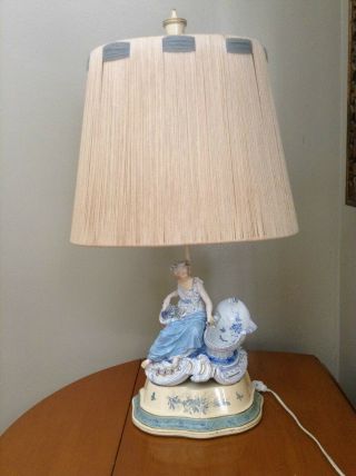 Antique Porcelain Victorian Lady Figural Accent TABLE LAMP w/Original Shade RARE 2