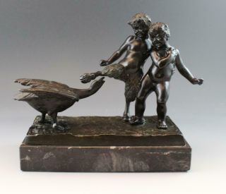 C1890s French Bronze Figural Sculpture Satyr W/ Goose & Cherub W/ Marble Base