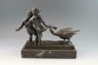 C1890s French Bronze Figural Sculpture Satyr w/ Goose & Cherub w/ Marble Base 3