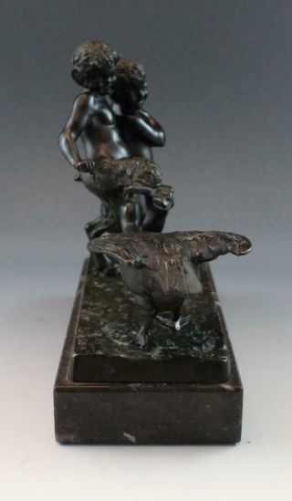 C1890s French Bronze Figural Sculpture Satyr w/ Goose & Cherub w/ Marble Base 4