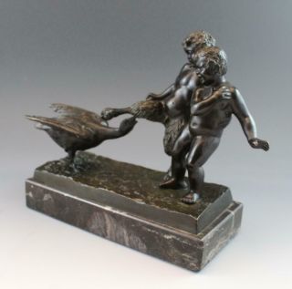 C1890s French Bronze Figural Sculpture Satyr w/ Goose & Cherub w/ Marble Base 9