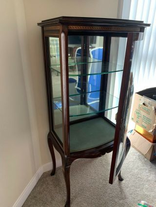 Cherry Wood Glass Curio Cabinet With Burled Inlay