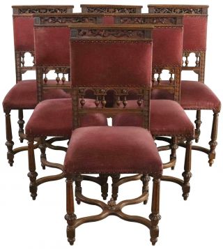 Dining Chair Renaissance Antique French Pink Velvet Upholstery Set 6 Walnut