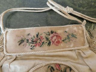 DATED 1843,  19TH CENTURY SILK AND PETIT POINT EMBROIDERY FRINGED BAG / PURSE 10
