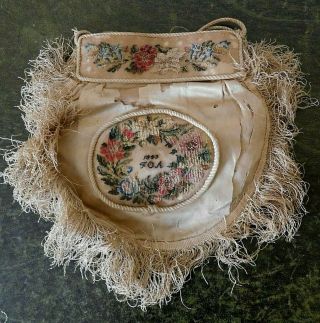 Dated 1843,  19th Century Silk And Petit Point Embroidery Fringed Bag / Purse