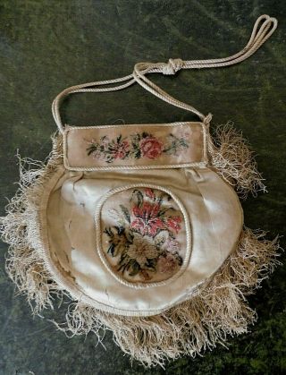 DATED 1843,  19TH CENTURY SILK AND PETIT POINT EMBROIDERY FRINGED BAG / PURSE 2