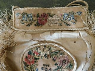 DATED 1843,  19TH CENTURY SILK AND PETIT POINT EMBROIDERY FRINGED BAG / PURSE 5