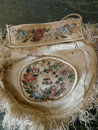 DATED 1843,  19TH CENTURY SILK AND PETIT POINT EMBROIDERY FRINGED BAG / PURSE 6