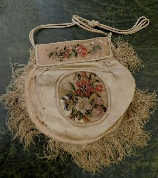 DATED 1843,  19TH CENTURY SILK AND PETIT POINT EMBROIDERY FRINGED BAG / PURSE 8