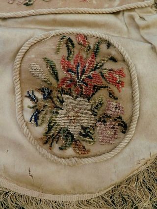 DATED 1843,  19TH CENTURY SILK AND PETIT POINT EMBROIDERY FRINGED BAG / PURSE 9