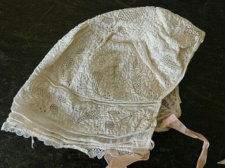 Antique 19th Century Fine Embroidery Ayrshire White Work Baby Bonnet / Cap