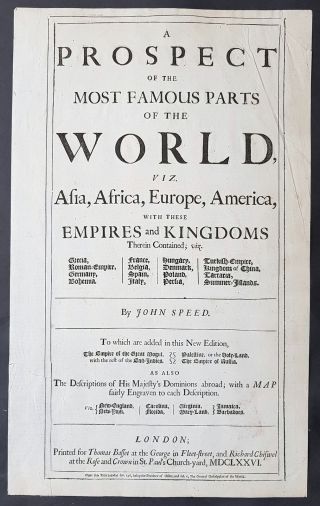 1676 John Speed Antique Letterpress Title Page To Speeds World Atlas