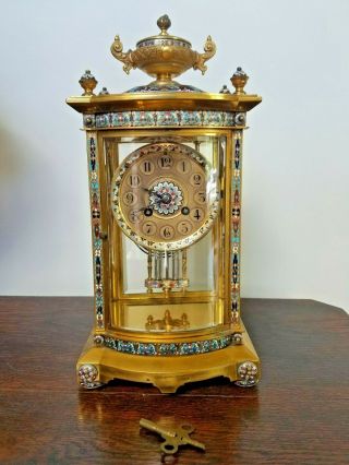 French Champleve Regulator Gilt Bronze Clock Cloisonne Enamel Glass 19th Century