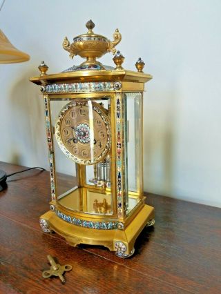 French Champleve Regulator Gilt Bronze Clock Cloisonne Enamel Glass 19th Century 4