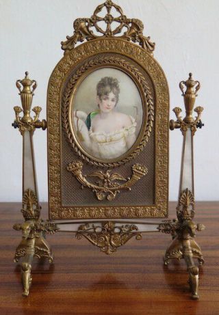 19c French Easel Frame / Vanity Mirror / Miniature Painting / Josephine? Sgd.