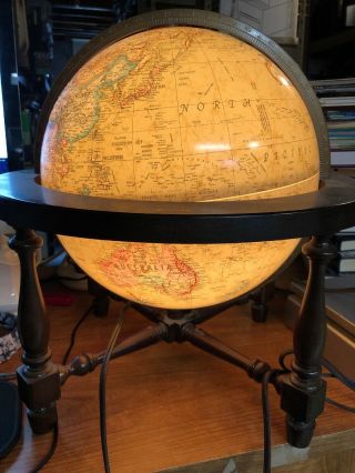 Vintage Lighted 12 " Replogle World Premier Globe Ussr Wood Stand Raised Topo