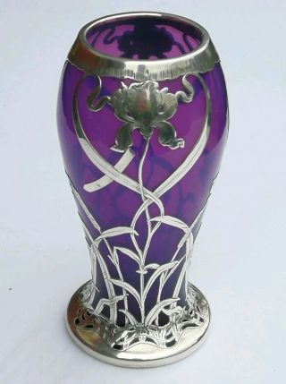 Antique Art Nouveau Amethyst Silver Overlay Glass Flower Vase Vintage