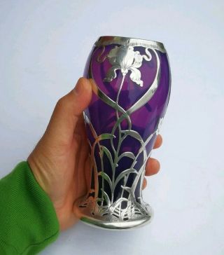 ANTIQUE ART NOUVEAU AMETHYST SILVER OVERLAY GLASS FLOWER VASE VINTAGE 6