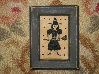 Primitive Tiny Sampler Witch Holding Broom Early Look Simple Folk Art Halloween