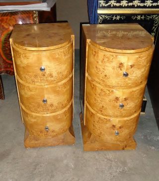 Pair Burl Maple Art Deco Large Commodes Bed Side Tables