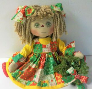 Handmade Primitive Christmas Raggedy Ann Doll " Reyne " With Chistmas Wreath